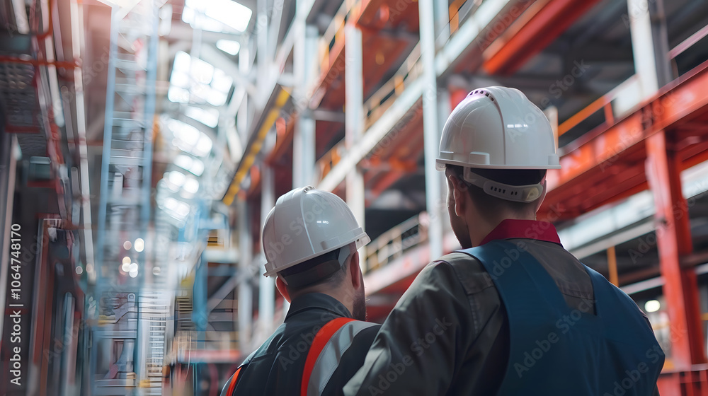 Obraz premium Engineers in bump caps discussing plan on construction site