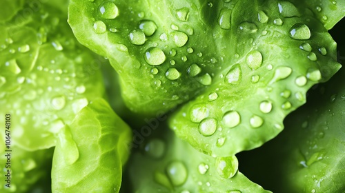 Fresh green lettuce leaves with water droplets