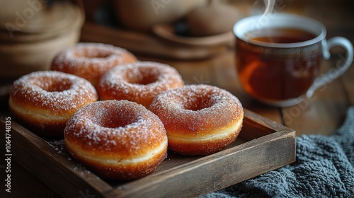 A wooden tray filled with six freshly baked, powdered donuts. A cup of steaming tea sits on the table.