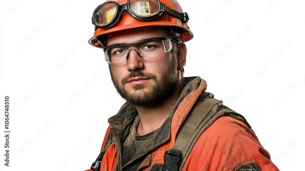 Fototapeta premium A worker wearing a helmet and safety glasses, isolated on a white background.