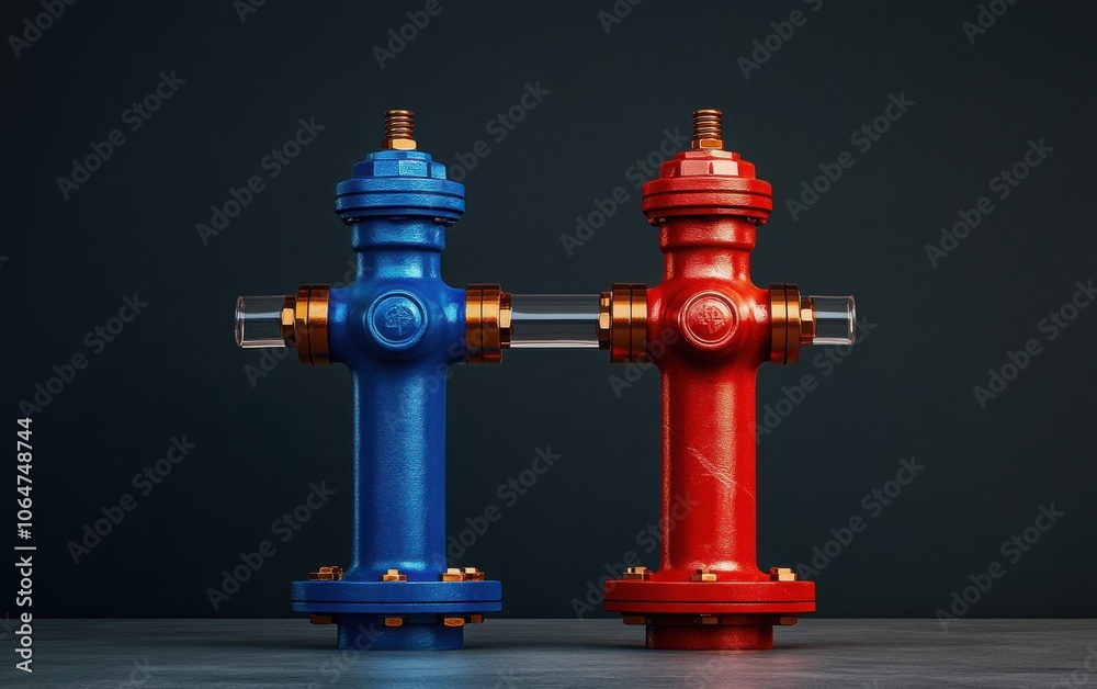 A detailed, high-resolution image of two fire hydrants, one bright blue and the other bold red A detailed, high-resolution image of two fire hydrants, one bright blue and the other bold red