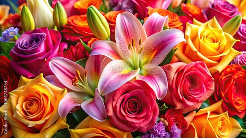 Fototapeta Naklejka Na Ścianę i Meble -  Close-up photo of vibrant roses and lilies showing delicate petals and rich colors, flowers, roses, lilies, close-up, vibrant
