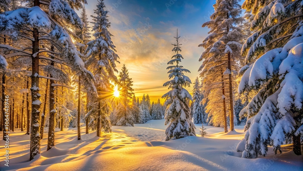 Fototapeta premium Winter forest covered in snow with a golden sunrise in the background, winter, forest, snow, golden, sunrise, cold, nature