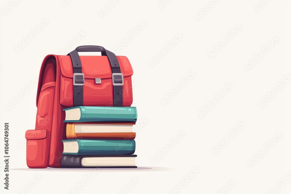Colorful backpack with stacked books on a white isolated background. Colorful backpack with stacked books on a white isolated background.