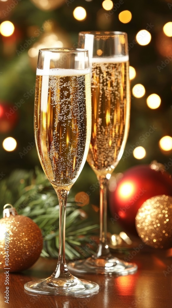 Two elegant champagne flutes filled with bubbly stand on a table adorned with golden ornaments and festive decorations, evoking a celebratory atmosphere Two elegant champagne flutes filled with bubbly stand on a table adorned with golden ornaments and festive decorations, evoking a celebratory atmosphere