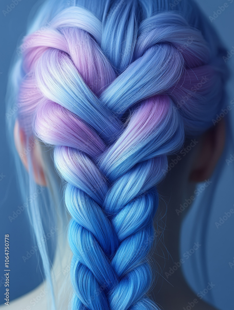 Fototapeta premium Pastel ombre braided hair in blue and pink hues.