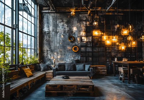 Industrial Loft Living Room with Exposed Brick Wall and Rustic Furniture