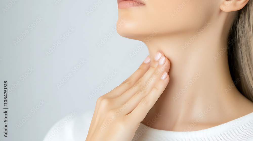 Beautiful middle-aged woman touches the soft smooth skin on her neck. Beautiful middle-aged woman touches the soft smooth skin on her neck.