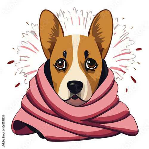 A frightened dog hiding under blankets, scared of fireworks vector illustration