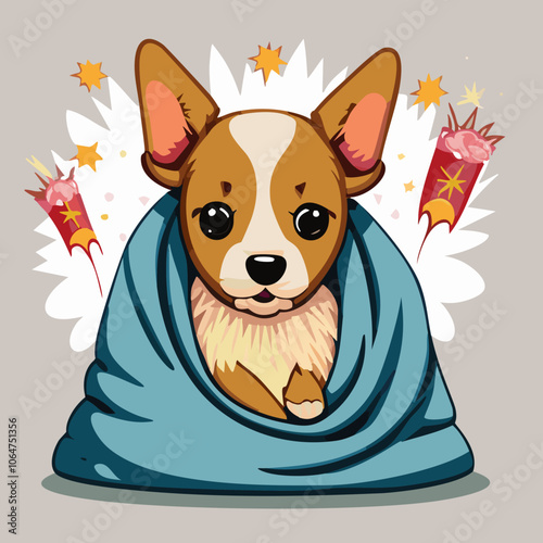 A frightened dog hiding under blankets, scared of fireworks vector illustration