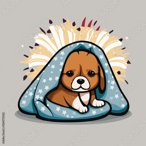 A frightened dog hiding under blankets, scared of fireworks vector illustration