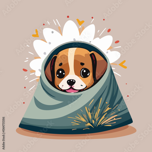 A frightened dog hiding under blankets, scared of fireworks vector illustration