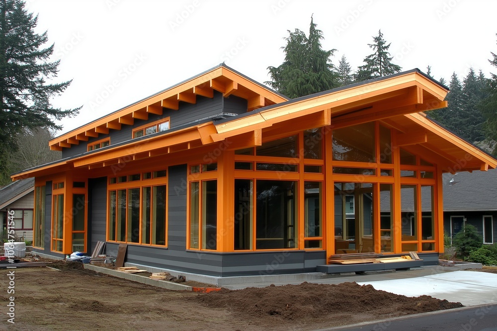 A unique, modern house with bright orange beams and extensive glass, set against a wooded background A unique, modern house with bright orange beams and extensive glass, set against a wooded background
