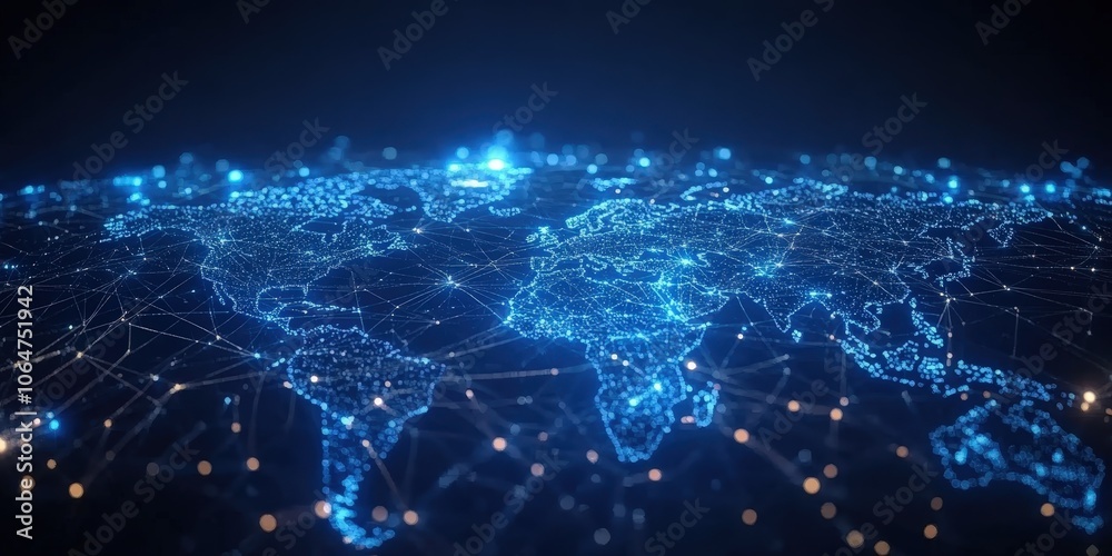 Blue abstract digital map of world map with lines and dots conected. Suitable for travel, navigation, cartography, geography, cyber technology concepts, data transfer and business information network Blue abstract digital map of world map with lines and dots conected. Suitable for travel, navigation, cartography, geography, cyber technology concepts, data transfer and business information network