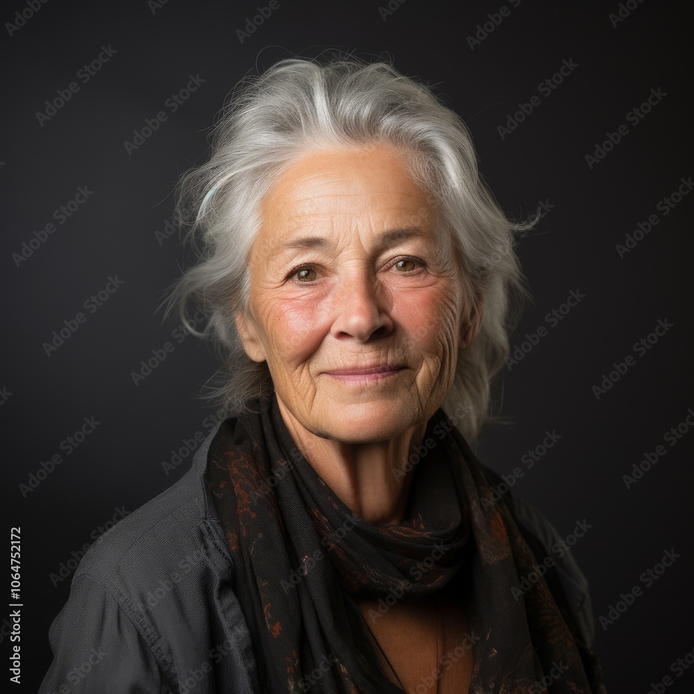 Close up of an old woman with glasses and a relaxed expression in a casual blouse on a neutral gray backdrop