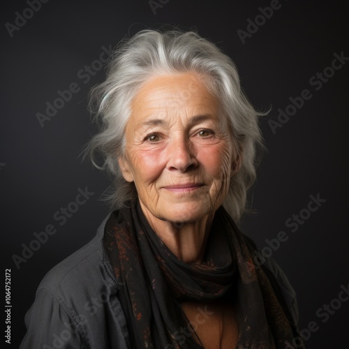 Close up of an old woman with glasses and a relaxed expression in a casual blouse on a neutral gray backdrop