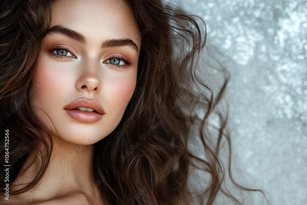 Portrait of a woman with voluminous, wavy brunette hair and a subtle makeup look, placed against a silver chrome background Portrait of a woman with voluminous, wavy brunette hair and a subtle makeup look, placed against a silver chrome background