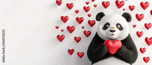 A panda offering a heart surrounded by floating hearts background 3D render Triadic Color Scheme photo