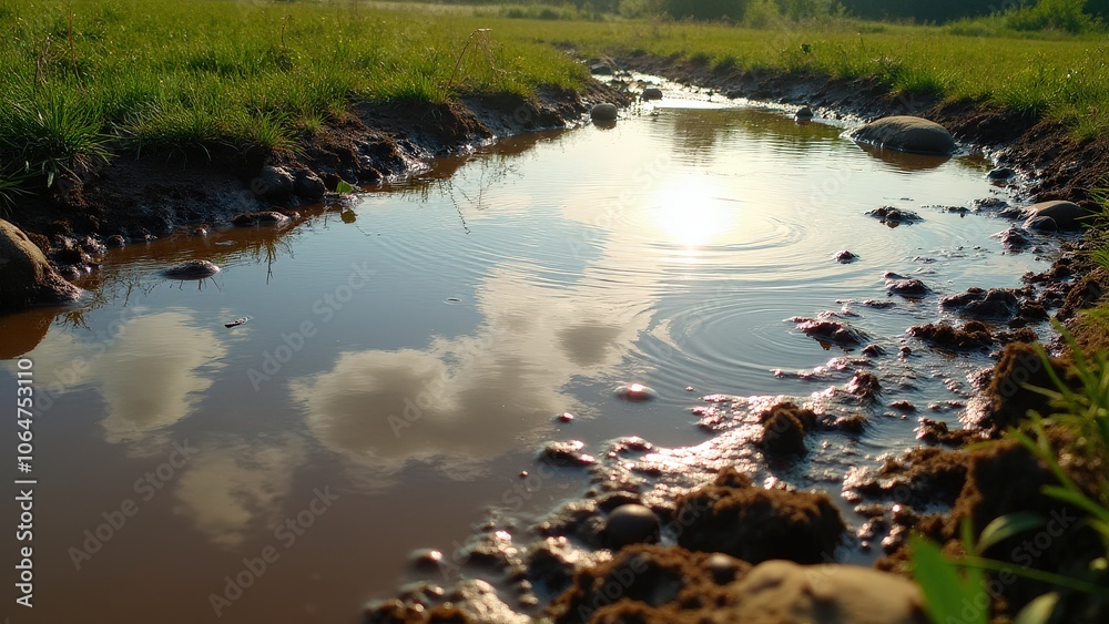 Obraz premium Mud puddle visuals capturing reflections of clouds and sunlight in a large muddy puddle, creating a serene atmosphere