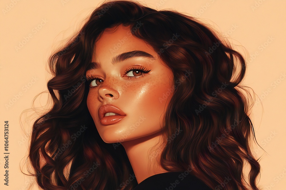 Portrait of a woman with voluminous, wavy brunette hair and a subtle makeup look, placed against a peach background Portrait of a woman with voluminous, wavy brunette hair and a subtle makeup look, placed against a peach background