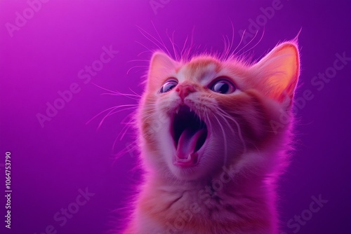 Angry and surprised cat isolated on violet background with a funny and excited expression