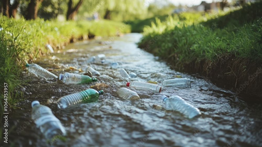 Fototapeta premium Rivers clogged with plastic bottles disrupt natural water flow polluted river filled with waste protect our water sources concept