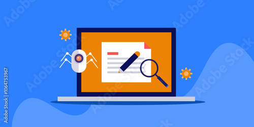 Search engine crawler robot indexing content from web, updating information for user query, vector illustration.