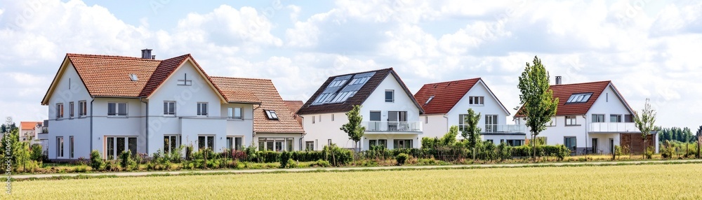A row of modern houses with sloped roofs and gardens under a cloudy sky. A row of modern houses with sloped roofs and gardens under a cloudy sky.