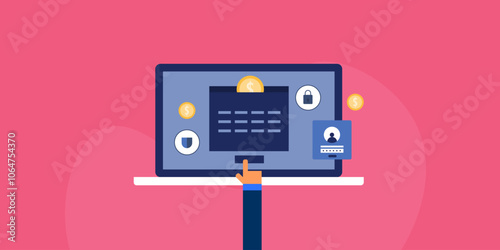 Financial technology web based digital wallet app using people on screen, secure internet banking vector illustration concept.