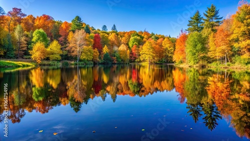 Small lake in autumn forest with colorful leaves reflecting on the water surface, under a clear blue sky , autumn, forest