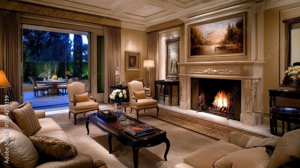 custom made wallpaper toronto digitalElegant Living Room with Cozy Fireplace and Garden View