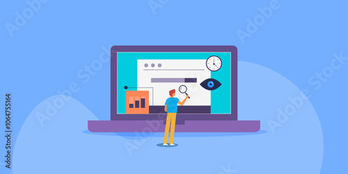 People using real time search engine display results and analytics technology, artificial intelligence software concept. Vector illustration banner.