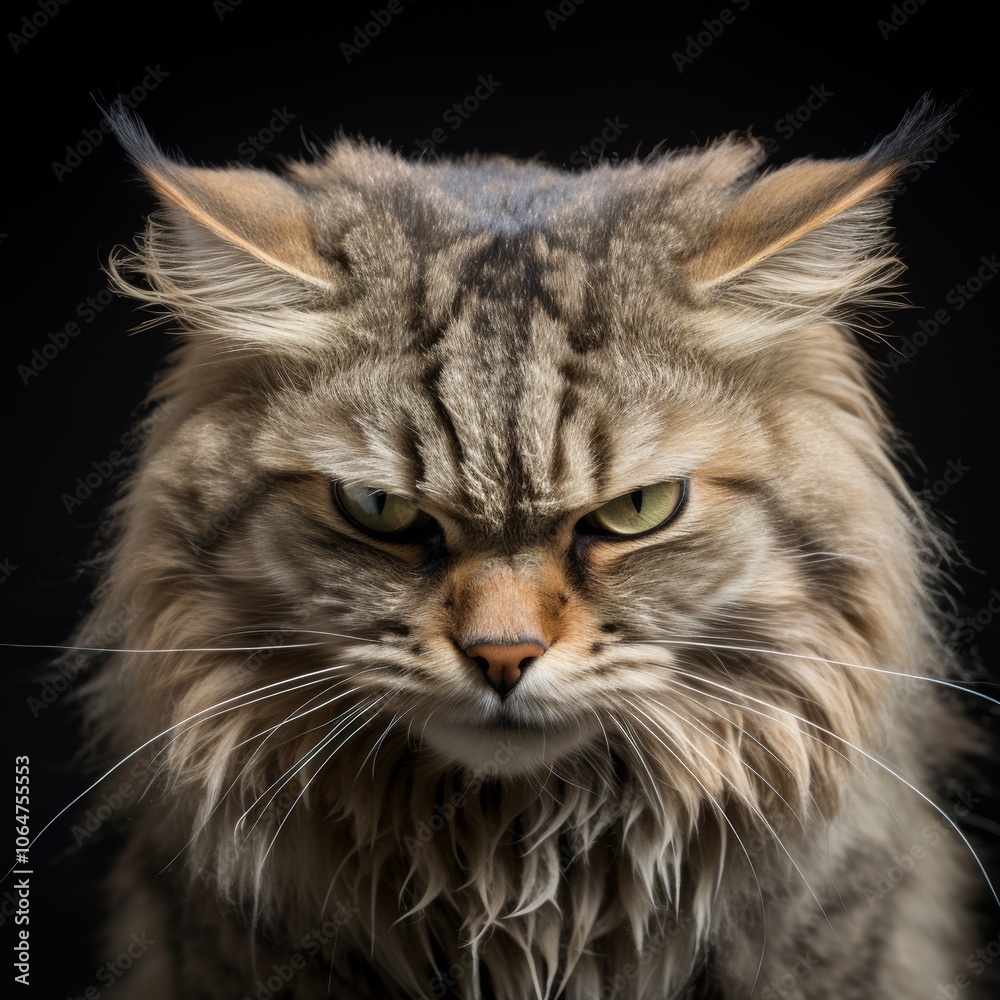 Furious cat with wide eyes and a growl on a dynamic, patterned background