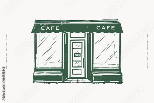 Hand-drawn illustration of a classic cafe storefront with an awning and "open" sign. Line art on a light background, capturing a cozy urban vibe.