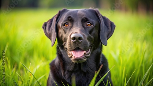 Close-up of a beautiful black labrador retriever playing in a green grass field, Labrador retriever, black dog, pet, animal, canine