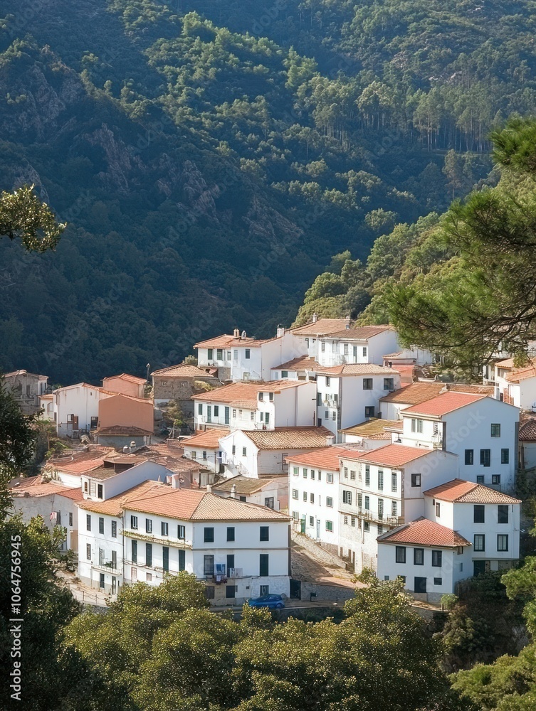Scenic view of a village nestled in lush mountains with traditional architecture. Scenic view of a village nestled in lush mountains with traditional architecture.
