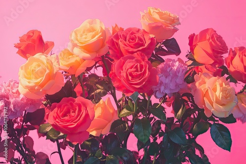 Aesthetic background with colourful rose flowers on pink background. Beautiful floral composition with generative ai
