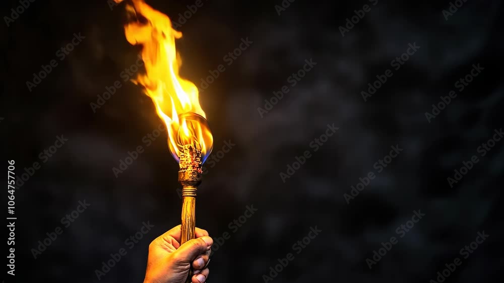 A hand holds a burning torch in the darkness, illuminating the night