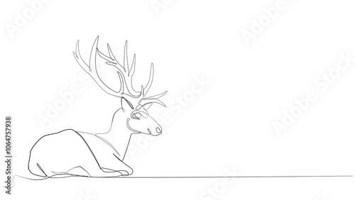 deer line art icon, Continuous one line drawing, Christmas or New Year decoration, Contour sketch of reindeer. Forest wild deer in single line, Christmas deer with one line minimalist abstract style