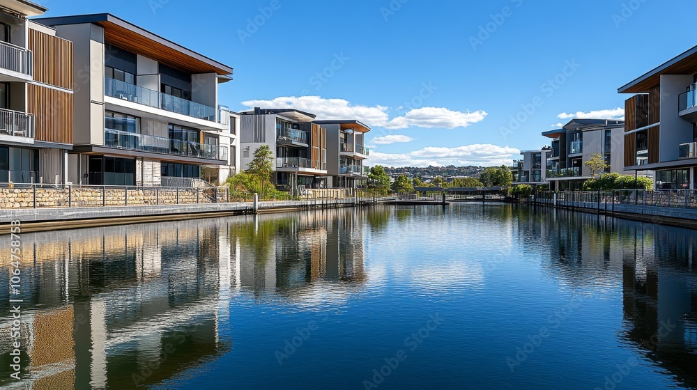 A serene waterfront view of modern residential buildings reflecting in calm waters under a clear blue sky. A serene waterfront view of modern residential buildings reflecting in calm waters under a clear blue sky.