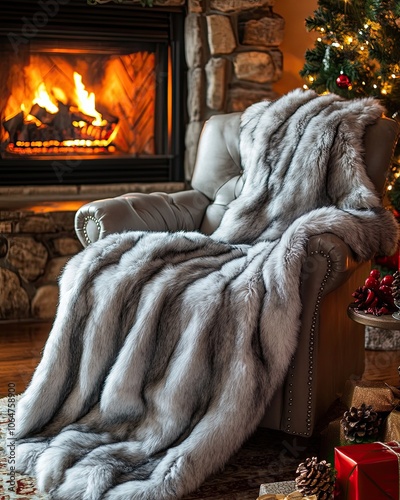 Cozy fur blanket on chair by fireplace, Luxurious gray fur blanket draped over a cozy armchair by a lit fireplace, with Christmas tree and gifts in a festive setting.