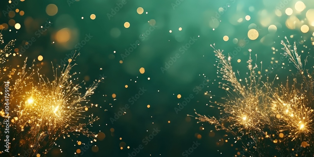 Fototapeta premium Happy New Year, Beautiful creative holiday background with fireworks and Sparkling on green background, space for text 