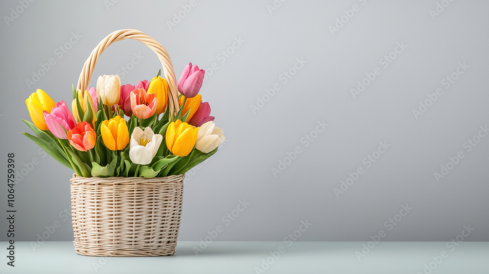 Obraz premium vibrant basket of colorful tulips in various shades, perfect for spring decor. arrangement features yellow, pink, and white flowers, adding cheerful touch to any space