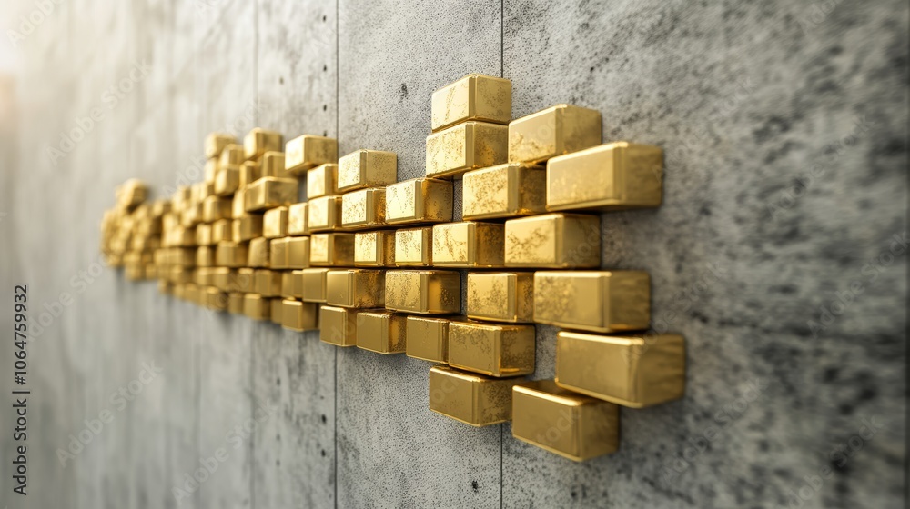 A high wall with gold bricks stacked on one side representing barriers caused by economic disparity A high wall with gold bricks stacked on one side representing barriers caused by economic disparity