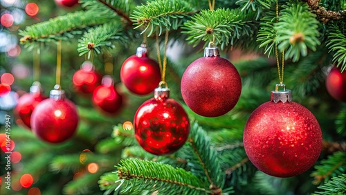 Red decoration balls hanging on a Christmas tree, festive, holiday, ornament, decoration, traditional, seasonal, Christmas