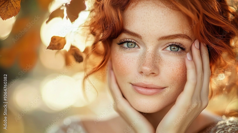 European woman aged 30-40, softly smiling, hand resting on her face, glowing skin and hair, close-up with a background of blurred leaves and nature European woman aged 30-40, softly smiling, hand resting on her face, glowing skin and hair, close-up with a background of blurred leaves and nature