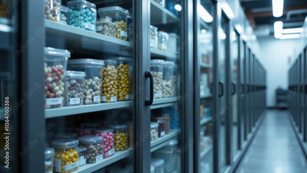 Multiple shelves stocked with various items inside a storage room. Multiple shelves stocked with various items inside a storage room.