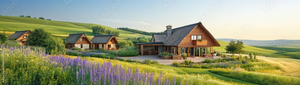 A serene landscape featuring a wooden house surrounded by lush greenery and colorful flowers. A serene landscape featuring a wooden house surrounded by lush greenery and colorful flowers.