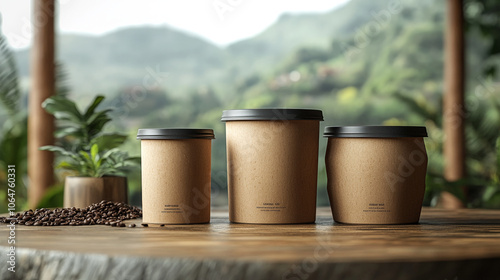 Coffee Containers on Wooden Table with a Mountain View