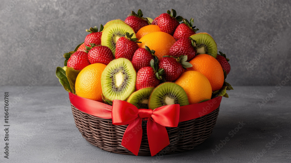 vibrant fruit basket filled with strawberries, oranges, kiwis, and green leaves, beautifully arranged and tied with red ribbon, perfect for gifts or celebrations